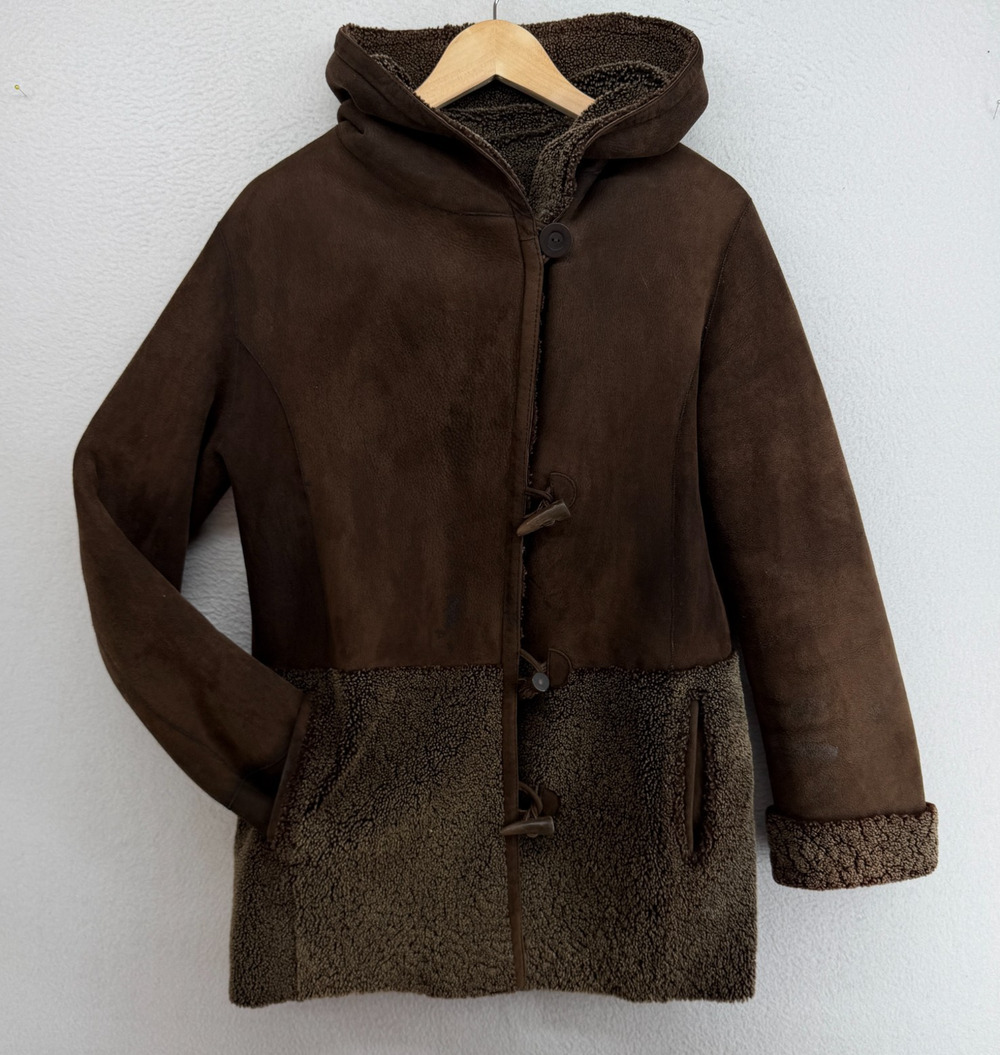 BLUE DUCK Jacket Women S Sheepskin Shearling Duffle Coat Hooded Toggle Brown USA